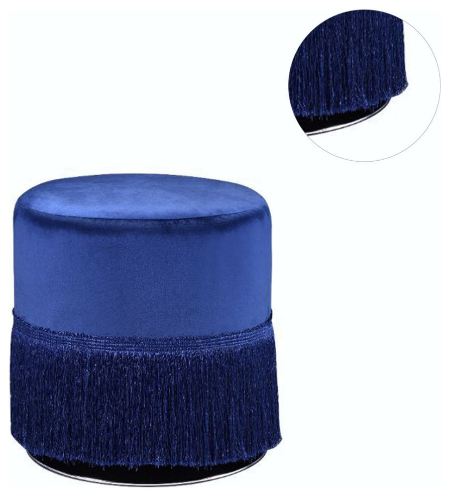 Round Ottoman With Fringe Base, Midnight Blue