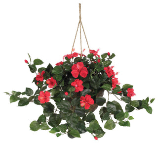 Product-shot on white background with full view of the hibiscus hanging basket; clear, front-facing presentation without text or diagrams.
