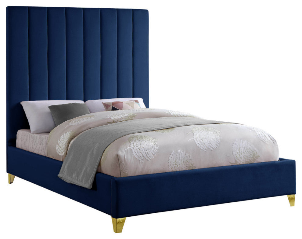 Via Velvet Upholstered Bed, Navy, Queen