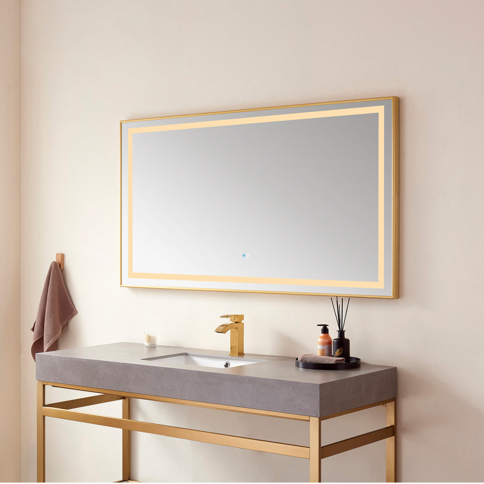 Horizontal Rectangular LED Wall Mount Bathroom Mirror, Gold, 60"