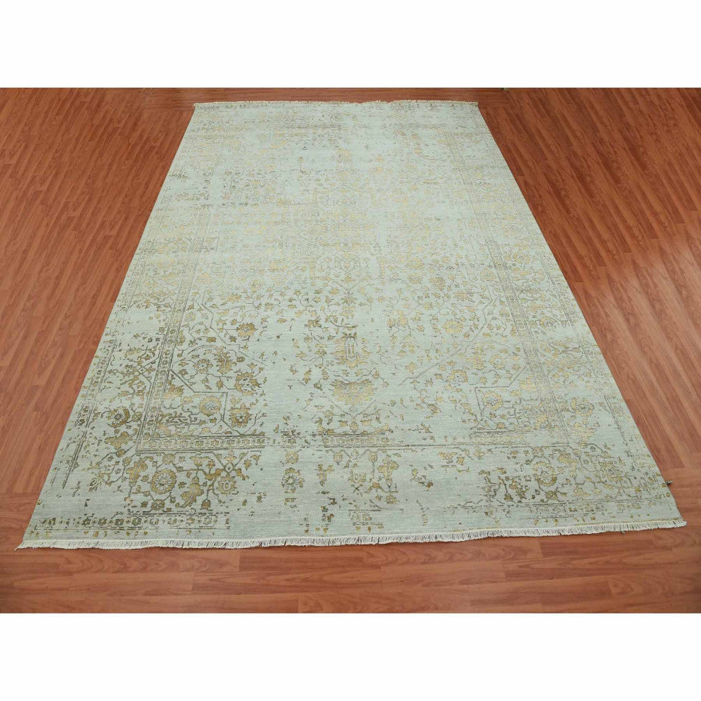 Gray Hand Knotted Broken Persian Erased Heriz Design Wool and Silk Rug, 10'x14'