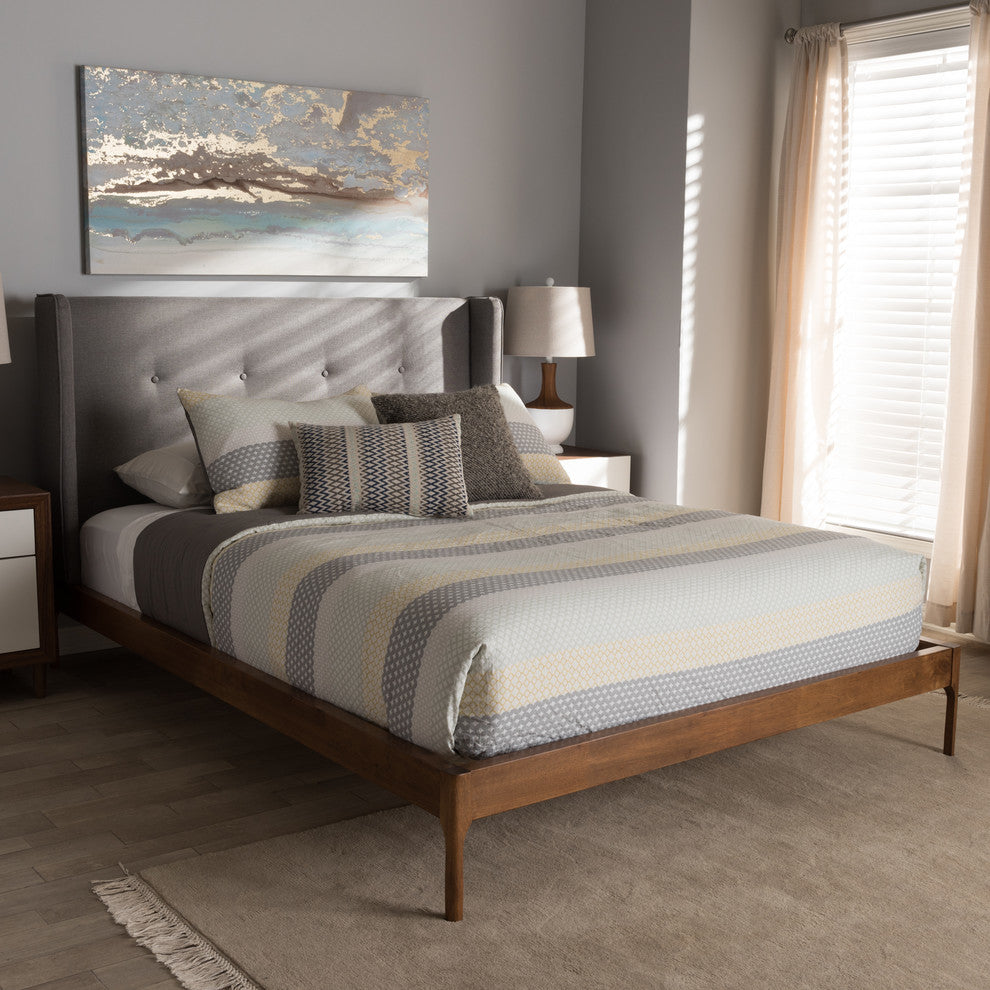 Brooklyn Mid-Century Walnut Wood Gray Fabric King Size Platform Bed