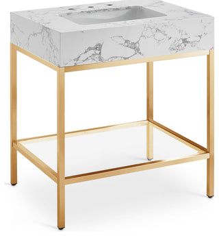 Marmo Bathroom Vanity, White, 30" Wide, Brushed Brass Finish