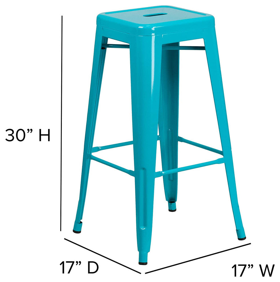 Set of 4 Stackable Bar Stool, Backless Metal Seat, Crystal Teal Blue