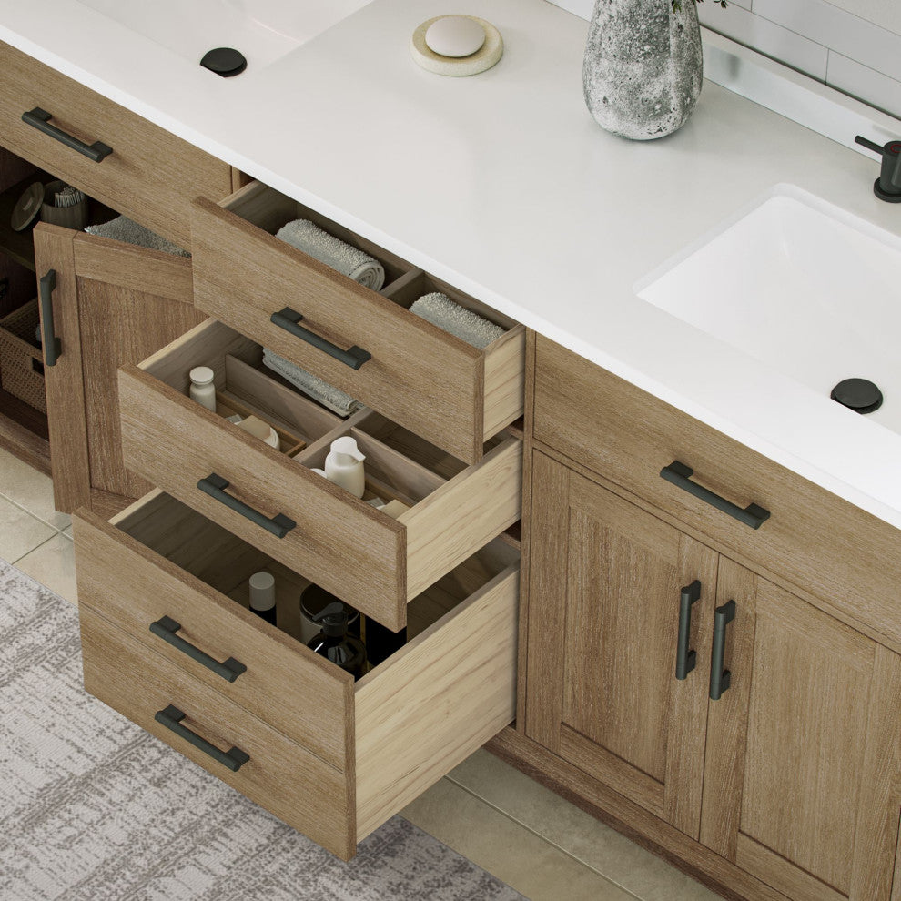 The Camille Bathroom Vanity, Driftwood Oak, 72", Double Sink, Freestanding