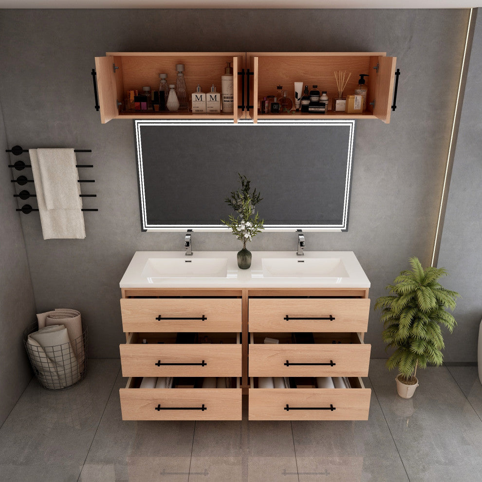 Victoria 60" Double Sink Solid Wood Vanity, Overhead Cabinet, Red Oak
