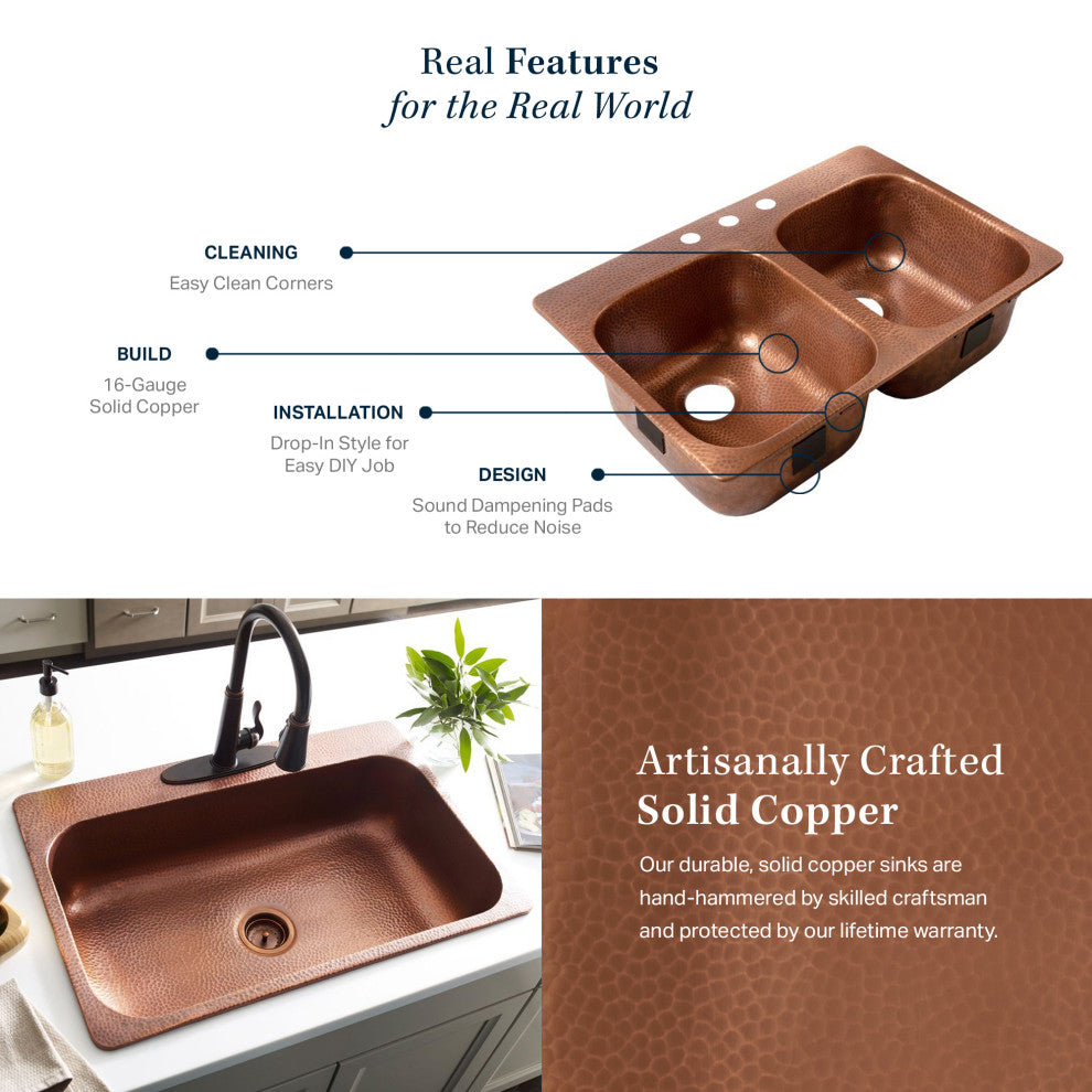 Santi 33" Drop-in Copper Double Bowl Kitchen Sink, 4-Hole Left Side