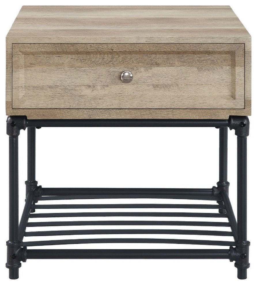 Benzara BM276288 End Table, 1 Drawer, Industrial Design, Slatted Shelf, Oak