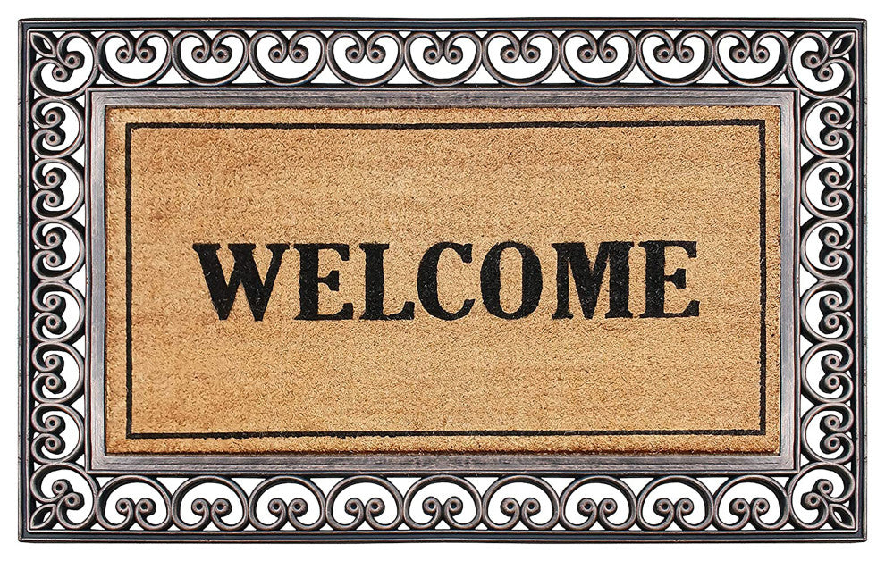 A1HC Natural Coir & Rubber 30"x48", Front Door Entry Doormat, Bronze Welcome Paisley