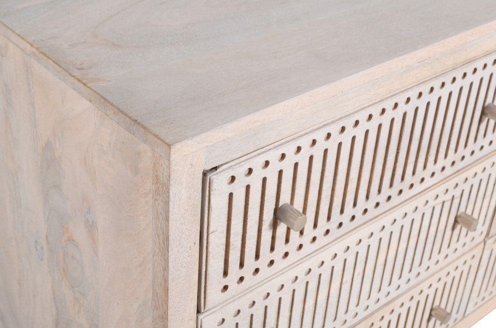 Sarah 6 Drawer Chest, Mango Solid Wood Brushed Ivory Finish on Iron Base