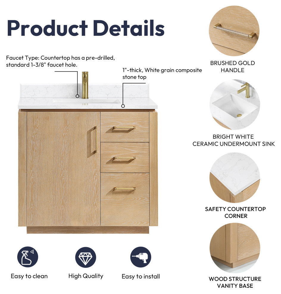 San Bath Vanity with Stone Top, Washed Ash Grey, 36", Single Vanity, No Mirror