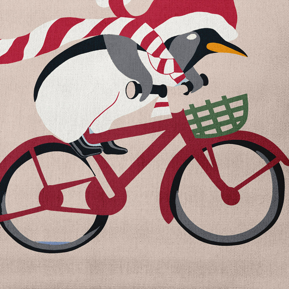 Pedaling Penguin Animal Decorative Throw Pillow, Taupe, 26"x26"