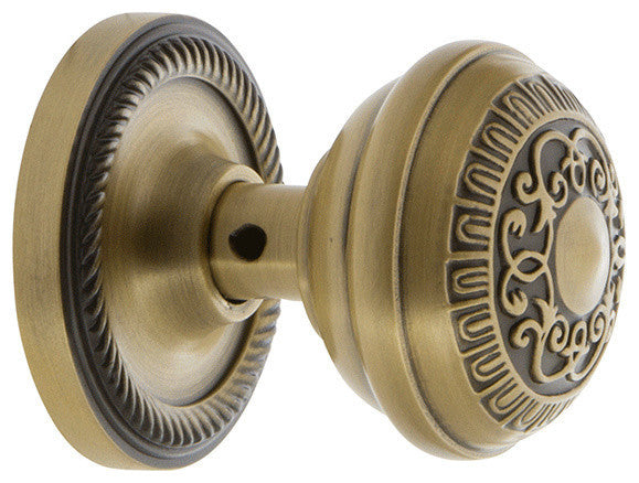 Rope Rosette Privacy Egg and Dart Door Knob, Antique Brass