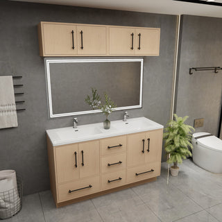 Victoria 60" Solid Wood Vanity Double Sink, Overhead Cabinet, Yellow Oak