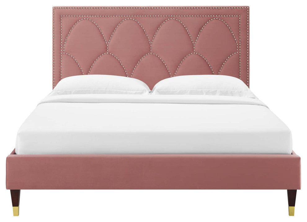 Platform Bed Frame, Nailhead, Queen Size, Pink, Velvet, Modern, Guest Suite