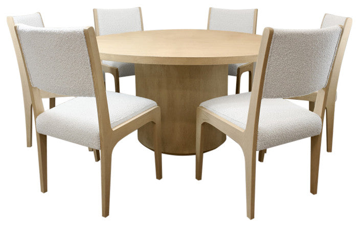 Flagstaff 7-Piece 60" Round Dining Set With 6 Ash Boucle Chairs in Ivory