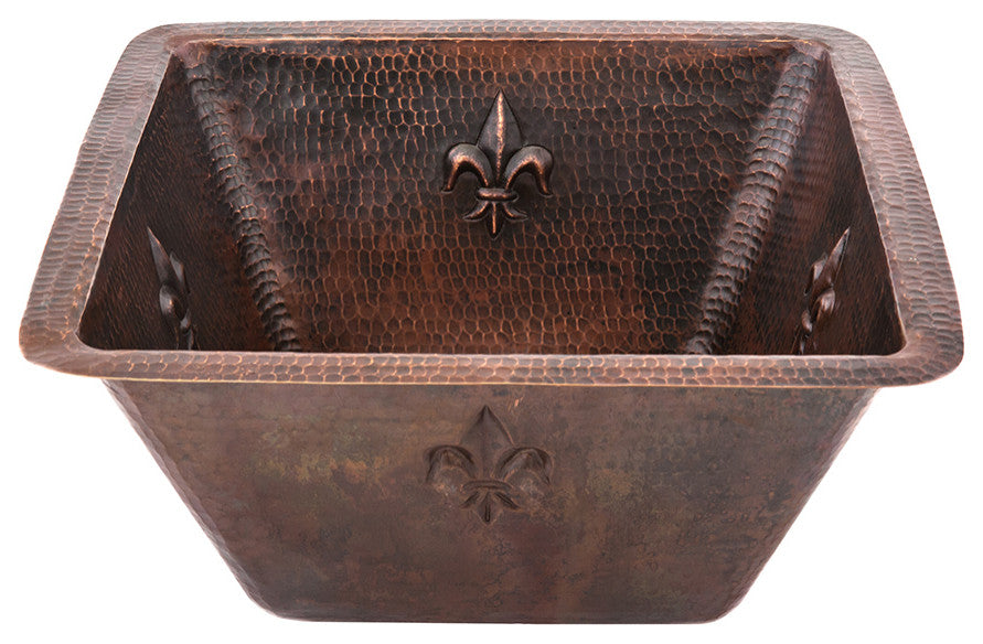 15" Square Fleur De Lis Copper Bar/Prep Sink, 2" Drain Opening