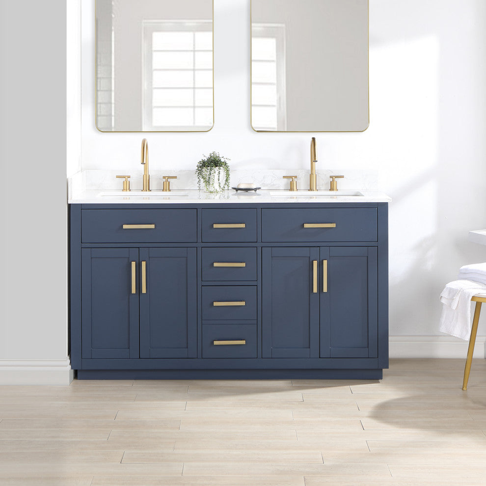 Gavino Vanity With Grain White Composite Stone Top, Royal Blue/Brushed Gold, 60", No Mirror