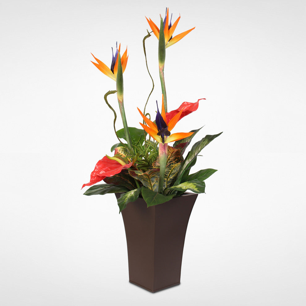 Large Silk Bird Of Paradise and Anthurium in Tall Metal Container