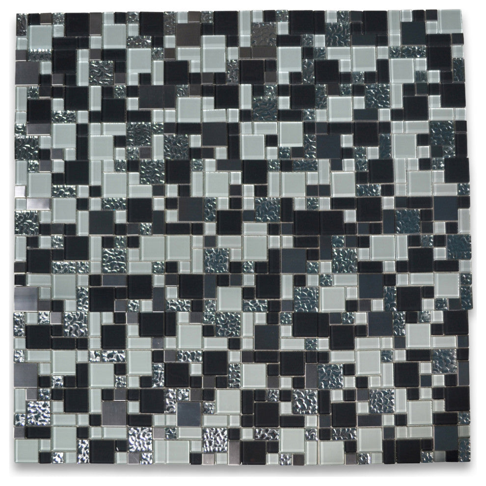 Glass Mosaic Tile Gray White Electroplate Stainless Steel Paragon, 1 sheet