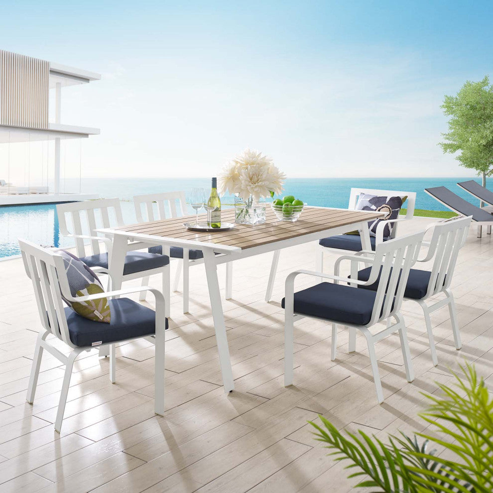 Side Dining Chair and Table Set, Aluminum, Metal, White Blue Navy, Outdoor
