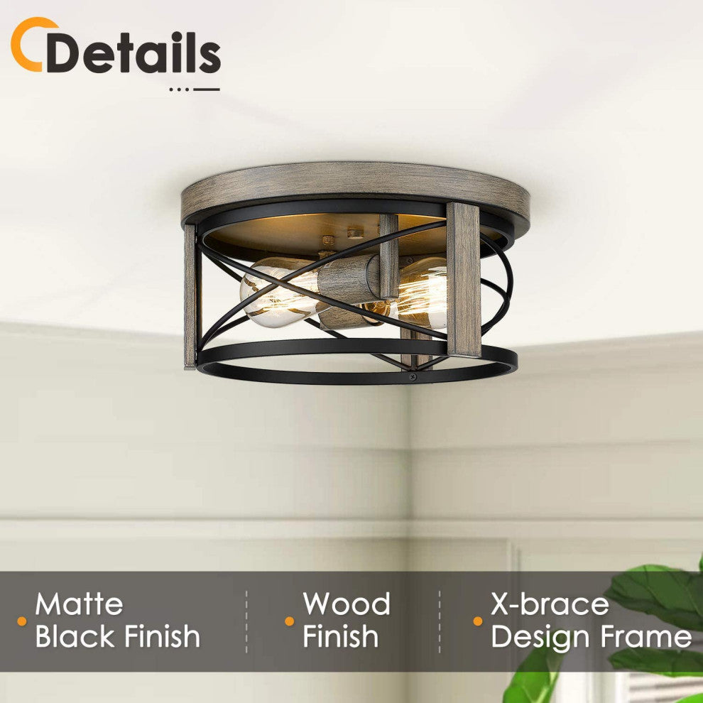 2 Light Flush Mount Light Fixture Cage Drum Wood Ceiling Lamp