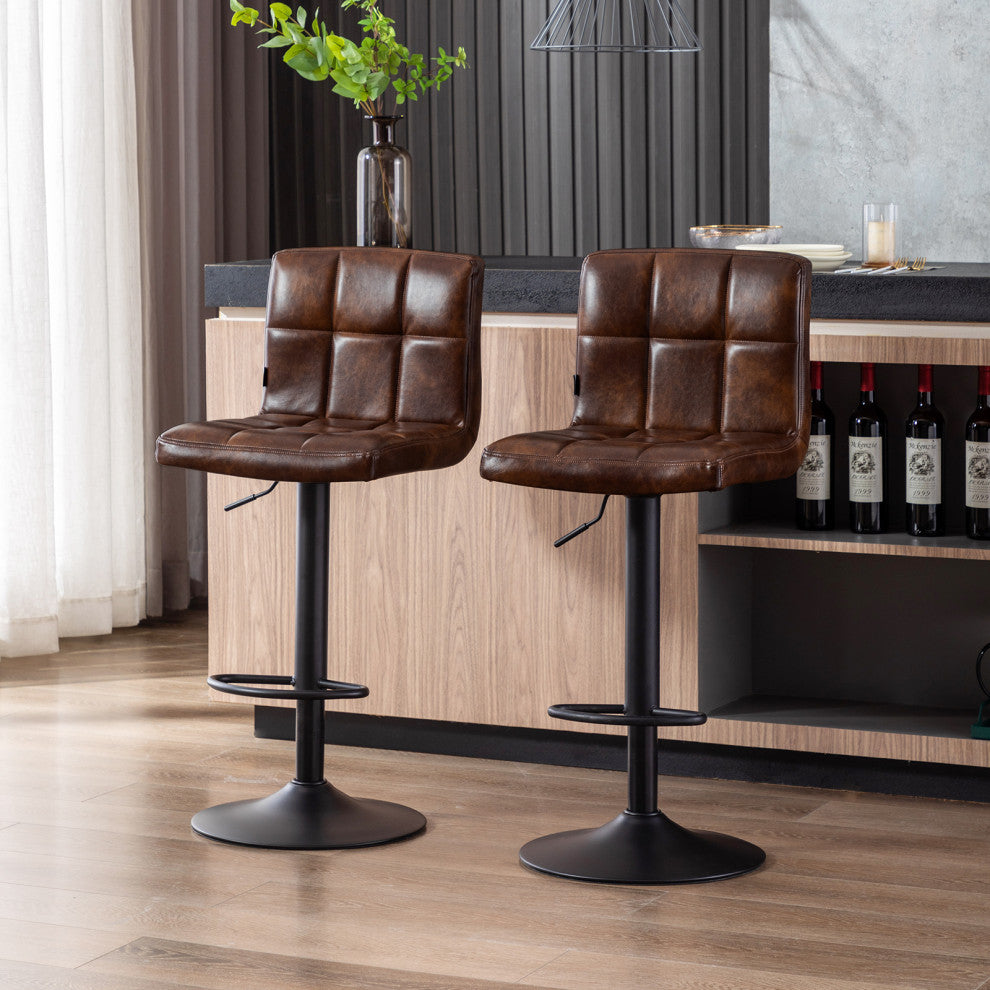 Set of 2 Armless Tufted Swivel Bar Stools, Dark Brown-Pu