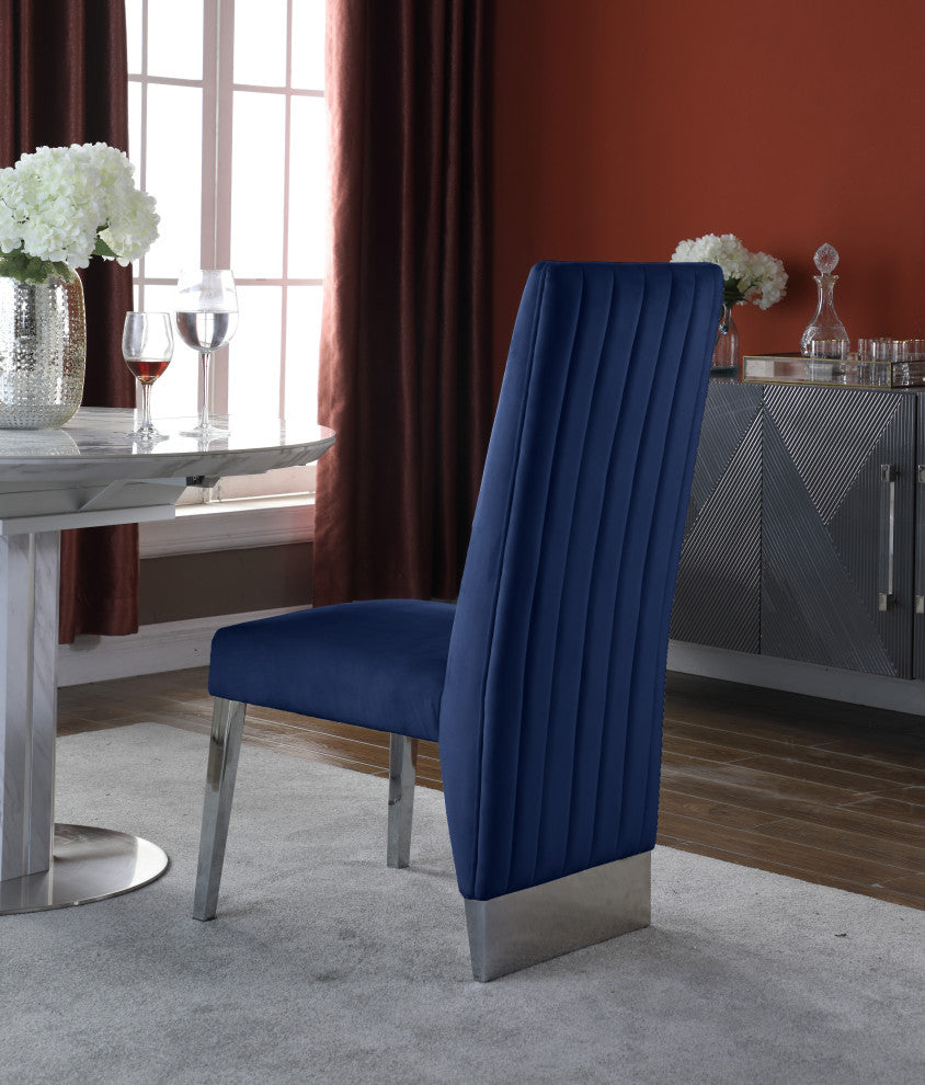Porsha Dining Chair, Set of 2, Navy Velvet, Chrome Legs