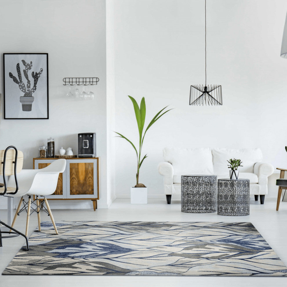 8'X11' Grey Navy Machine Woven Oversized Leaves Indoor Area Rug