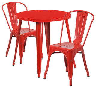 Commercial Grade 30" Round Red Metal Indoor-Outdoor Table Set with 2 Cafe Chairs