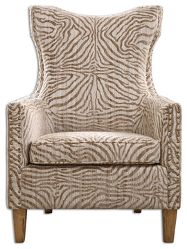 Uttermost Kiango Wood Fabric and Metal Animal Pattern Armchair in Brown/White