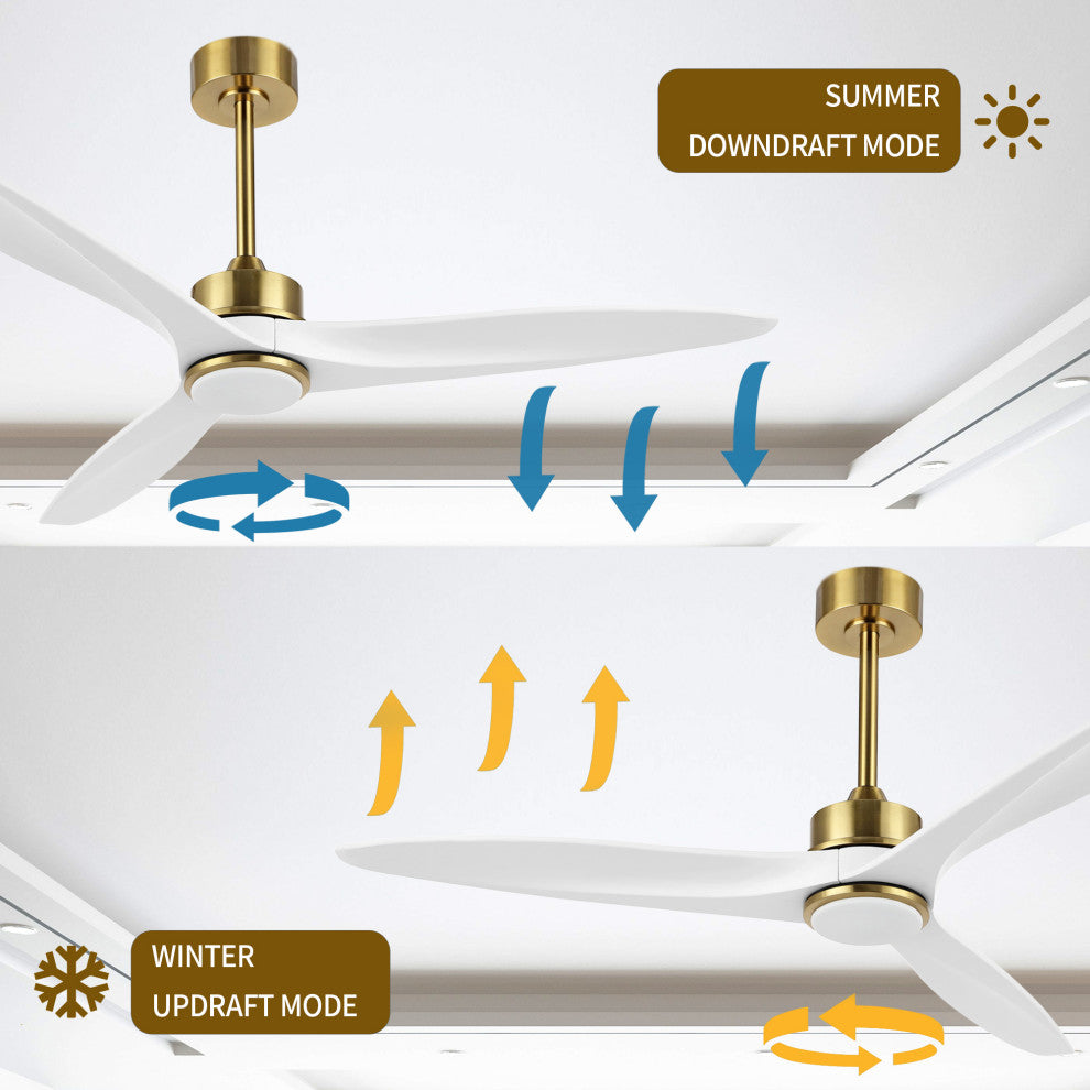 52" Solid Wood 3-Blade LED Ceiling Fan With Remote Control and Light Kit, Gold/White