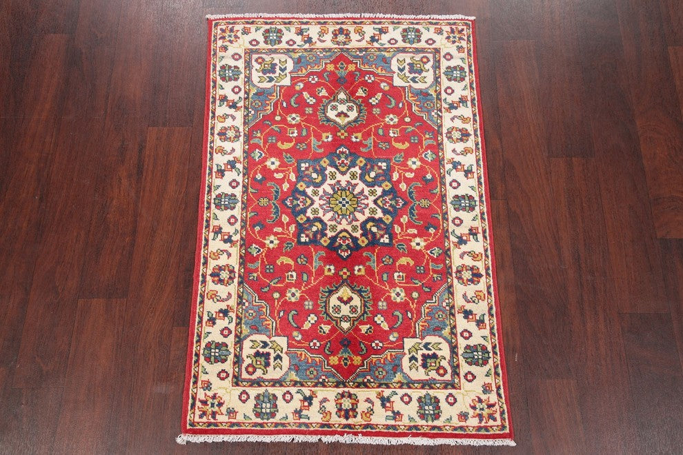 Pakistani Kazak Hand-Knotted Oriental Traditional Wool Area Rug, Red, 4'0"X2'7"