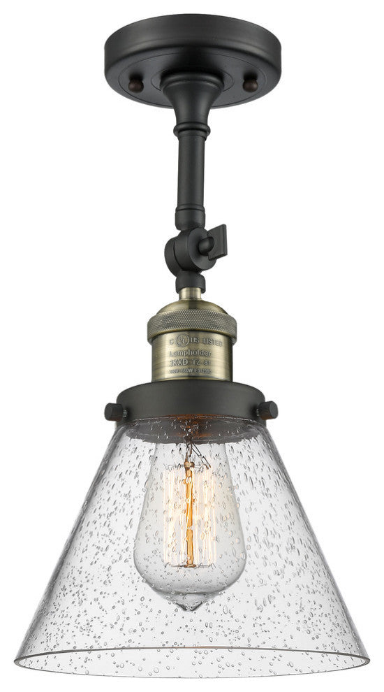 Large Cone 8" Semi-Flush Mount, Black Antique Brass, Glass: Seedy