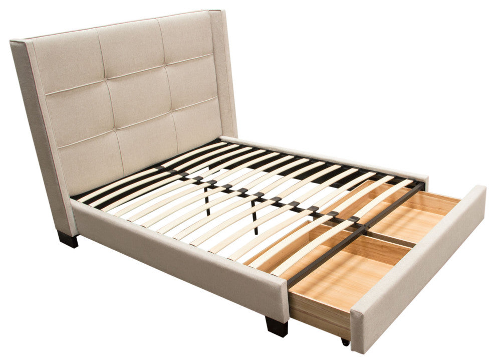 Queen Bed With Integrated Footboard Storage Unit and Accent Wings, Sand Fabric