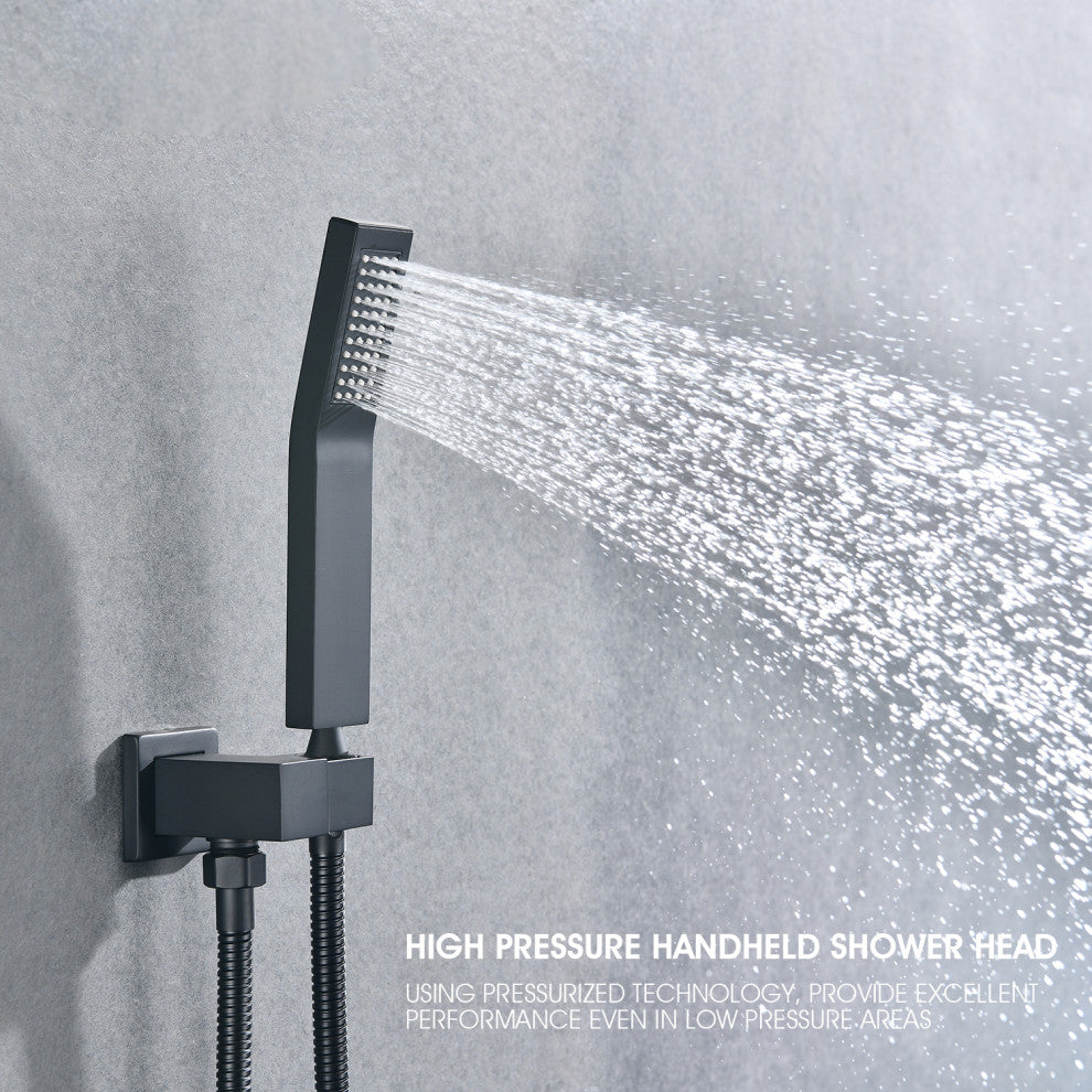 Two-handle wall-mounted tub and shower faucet with hand shower head with valve, Matte Black