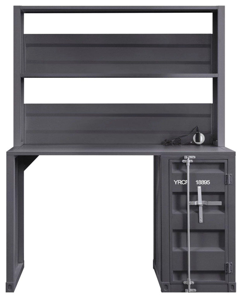 Industrial Desk, Cargo Design With Storage Cabinet & Upper Open Shelf, Gunmetal