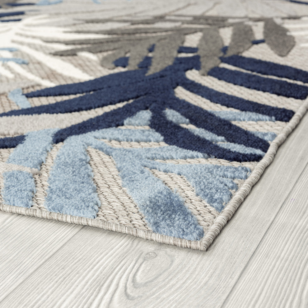 Oaks Modern Floral Area Rug, Blue & Gray, 5'3" Round