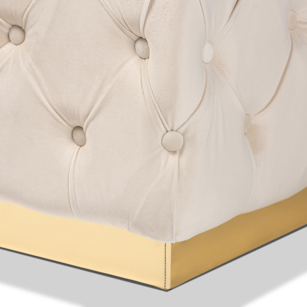Glam and Luxe Beige Velvet Fabric Upholstered and Gold PU Leather Ottoman