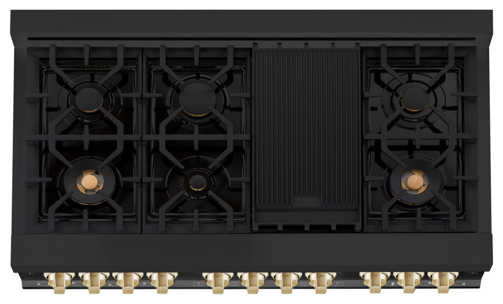 ZLINE 48" Dual Fuel Range, Black Stainless Steel With Gold Accents RABZ-48-G