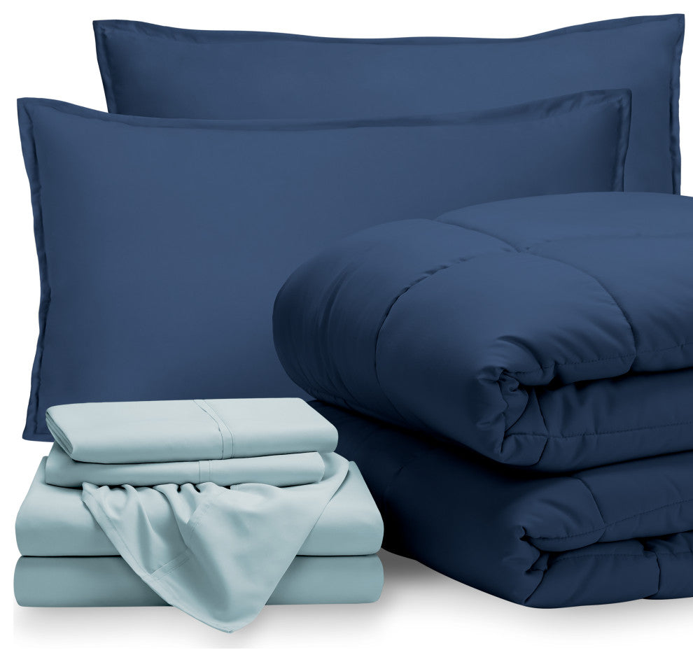 Bare Home 7-Piece Queen, King & Cal King Bed-in-a-Bag, Dark Blue, Light Blue, Qu