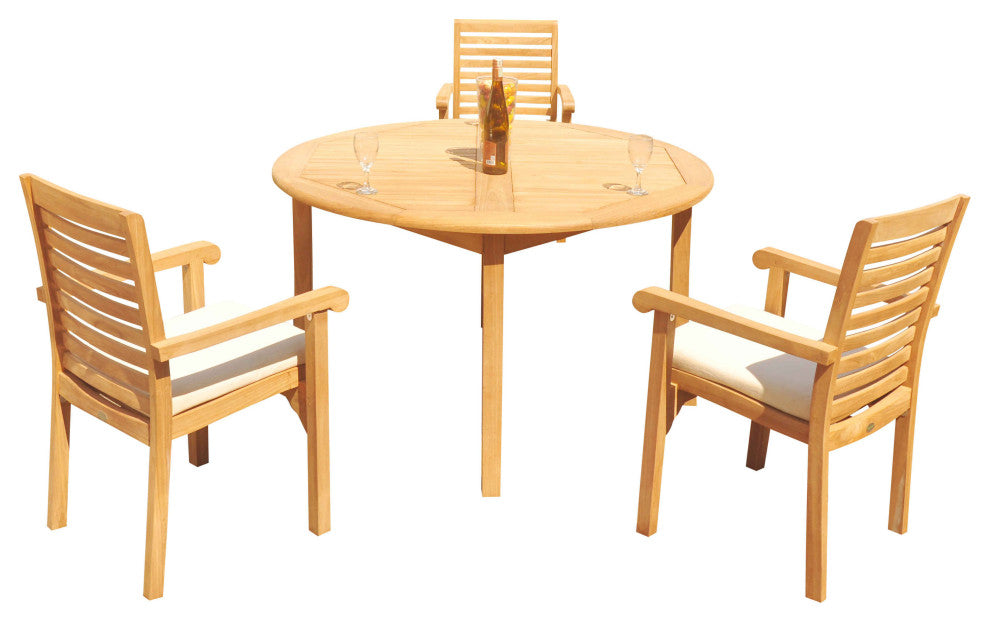 4-Piece Outdoor Teak Dining Set: 52" Round Table, 3 Hari Stacking Arm Chairs