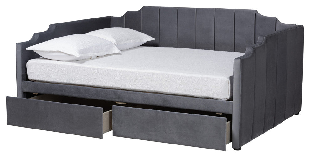 Gulliver Grey Velvet Fabric Upholstered 2-Drawer Daybed