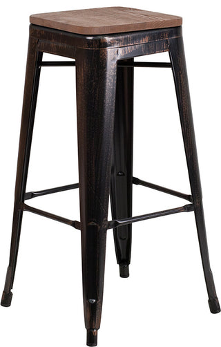 30" High Backless Black-Antique Gold Metal Barstool with Square Wood Seat