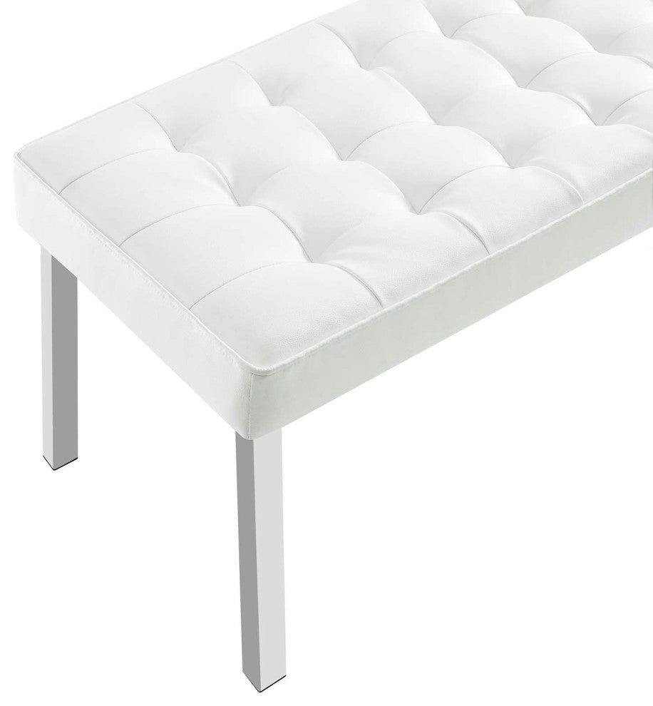 Loft Tufted Large Upholstered Faux Leather Bench Silver White