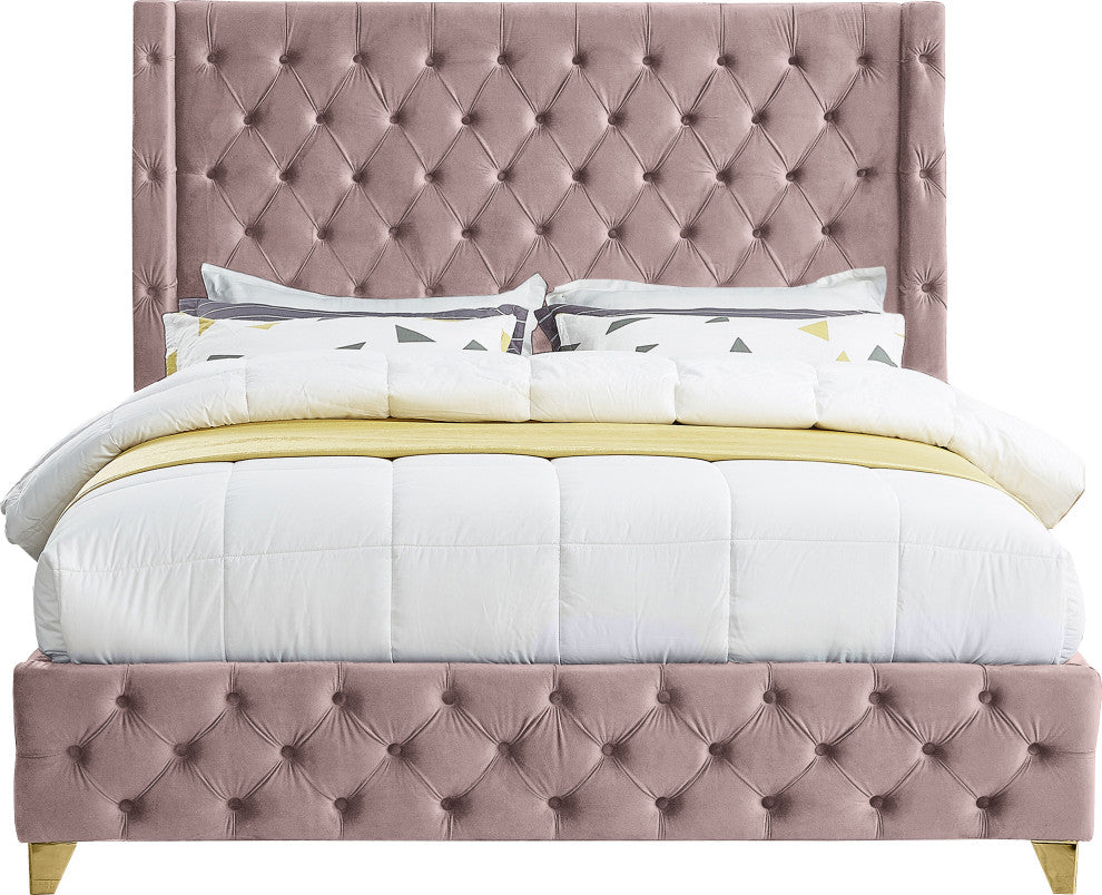 Savan Velvet Upholstered Bed, Pink, Full