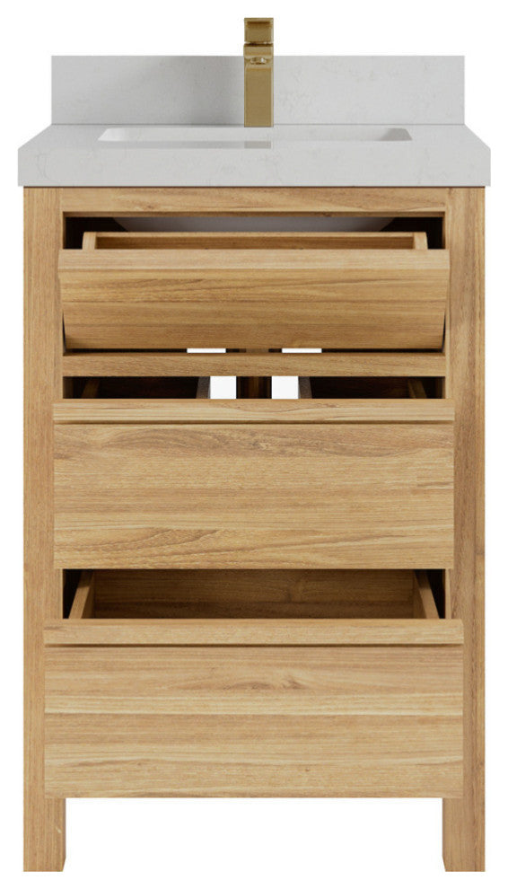 Elizabeth 24 Single Sink Bath Vanity in Light Natural Teak 2" Carrara Quartz
