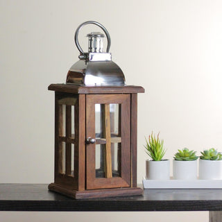 18" Modern Sheesham Wood Candle Lantern With Silver Metal Handle