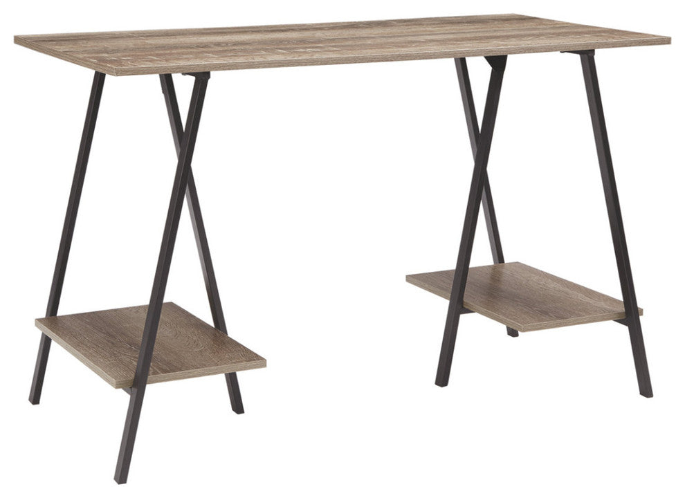 Benzara BM190064 Rectangular Wood & Metal Desk with 2 Display Shelf, Black/Brown