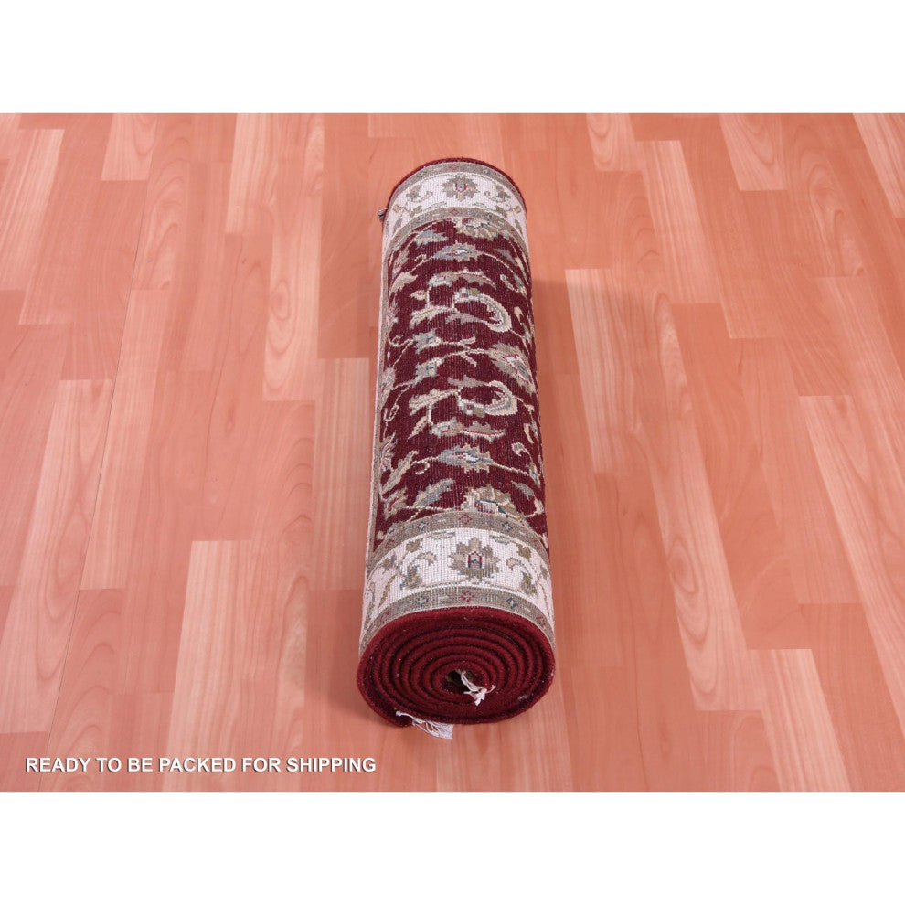 Burgundy Red, Wool and Silk, Hand Knotted, Rajasthan, Runner, Rug, 2'7" x 10'0"